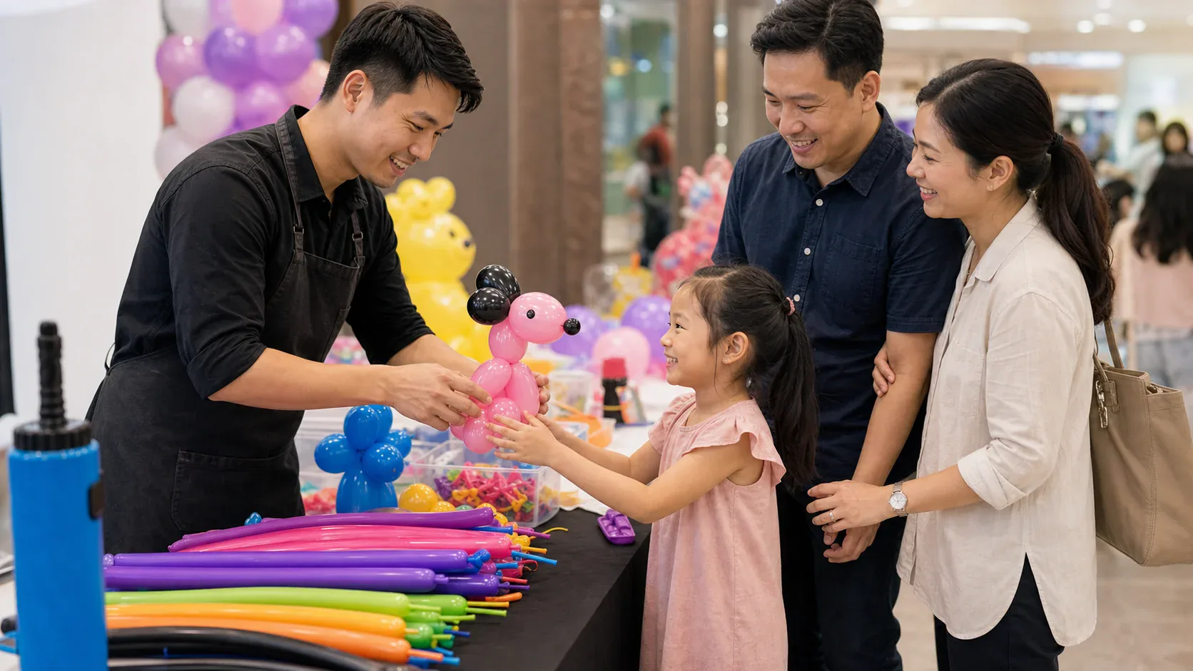 Balloon artist handing a finished balloon animal to a child while parents watch
