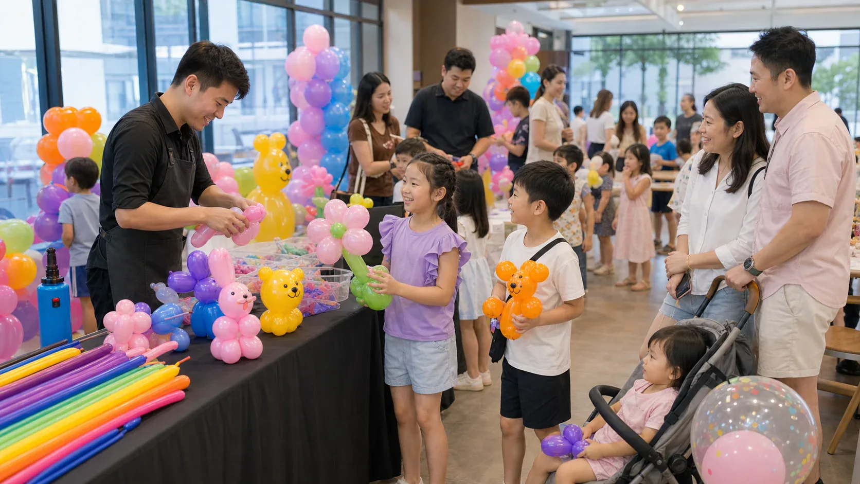 Singapore family event with children holding balloon creations