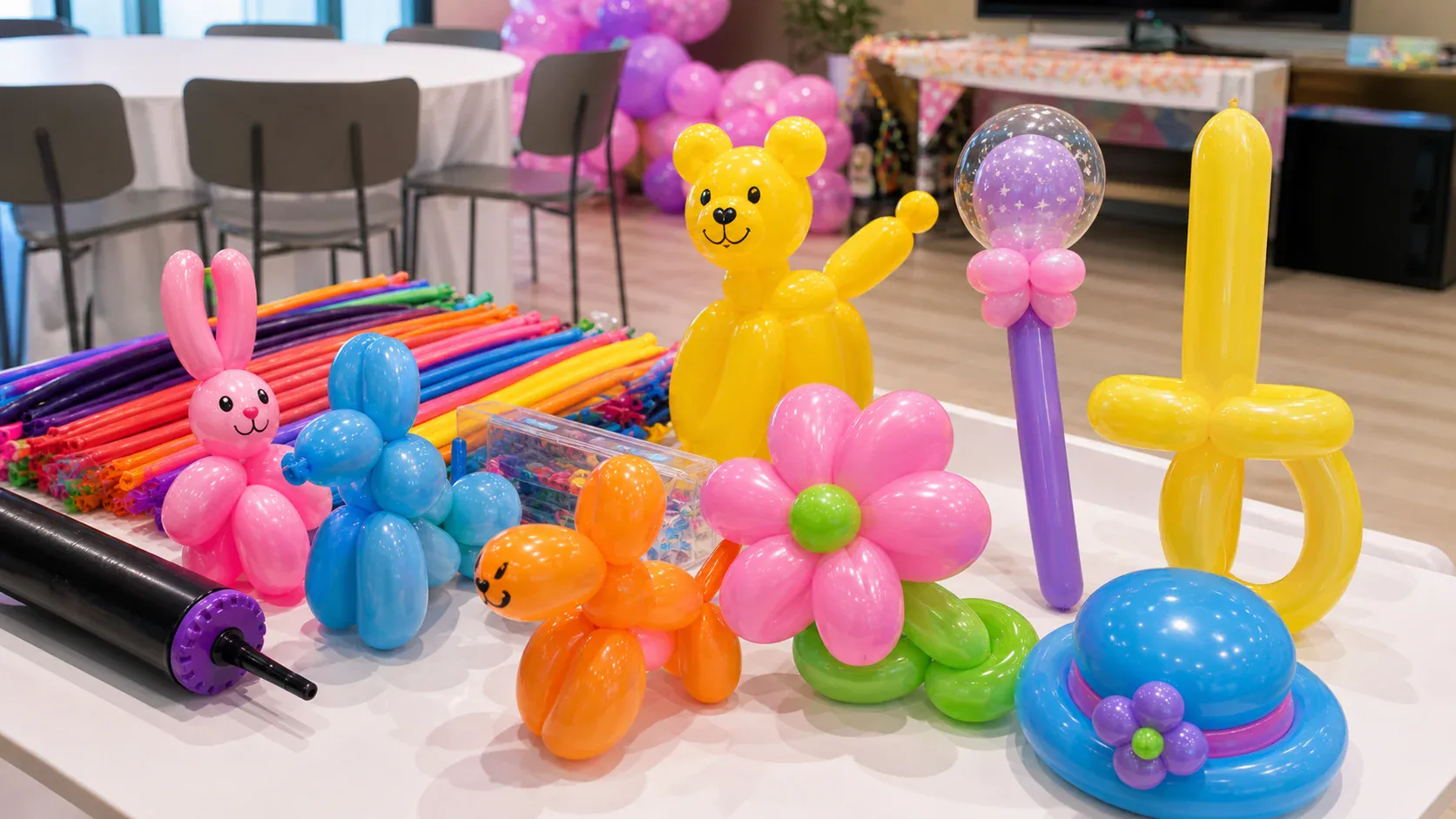 Balloon twisting design menu with animals, sword, flower, hat, and wand