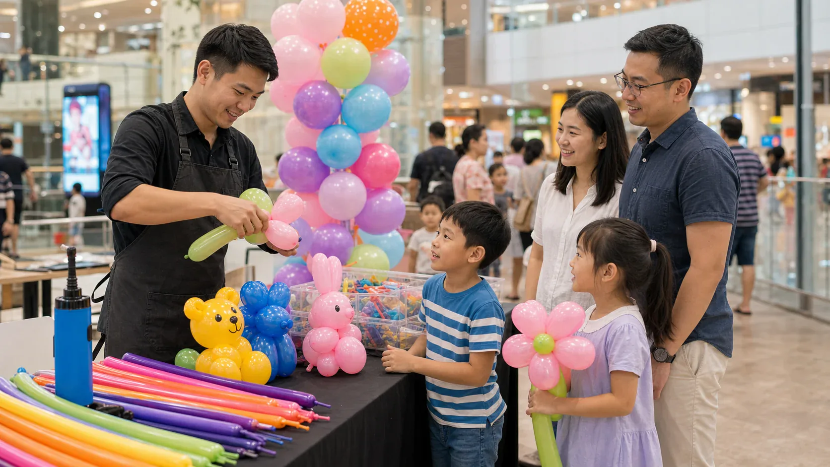 Balloon twisting artist at a Singapore shopping mall family event