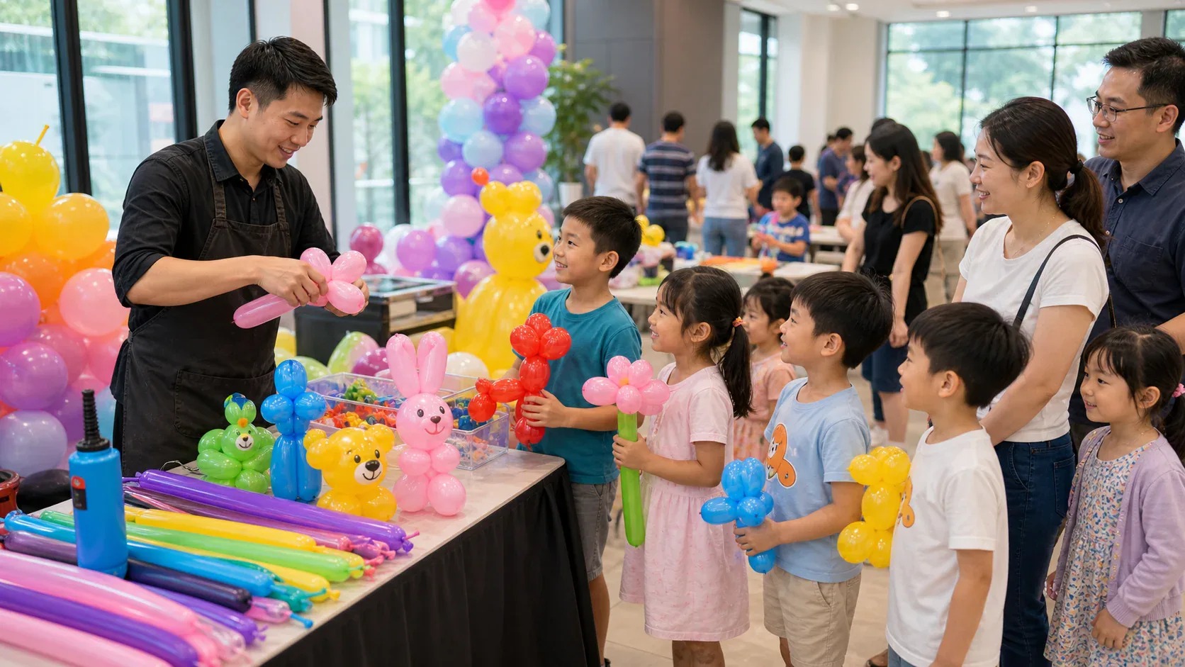 Children choosing balloon designs from a balloon twisting artist